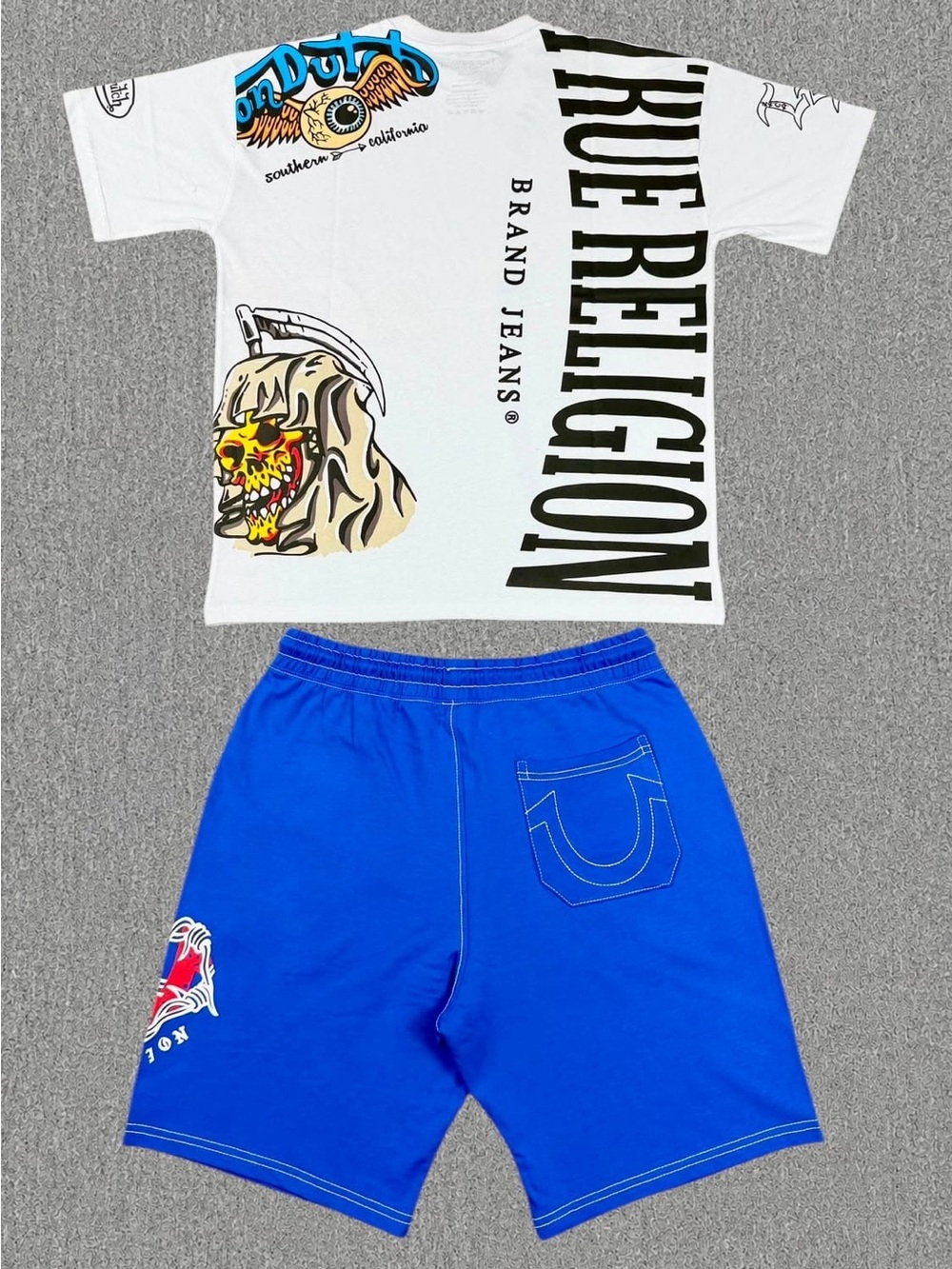 & Other Stories White Graphic Tee with Bright Blue Shorts